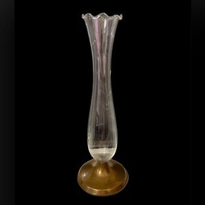 Vintage Bronze Silver Bud Vase Empire 493 Etched Crystal Fluted w/ruffle 10".